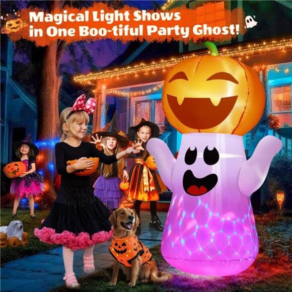 5FT Halloween Inflatables Pumpkin Ghost Built-in 3-Pattern Colorful Flashing - Picture 6 of 7